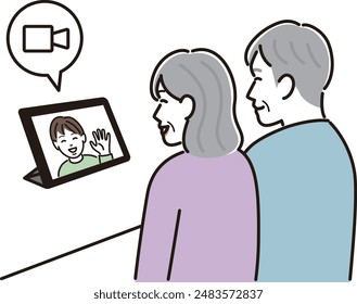Elderly couple having a video call with their grandchild
