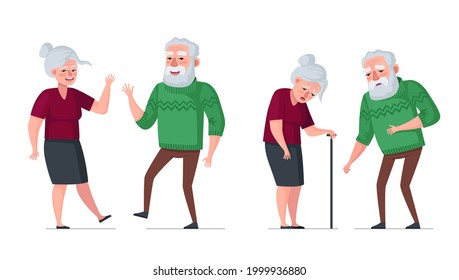 Elderly Couple Healthy And Sick Comparison. Active Cheerful Old People And Sick Sad Tired Senior Aged Pensioners. Bearded Man In Sweater And Woman With Cane. Gray Hair Retired Grandparents Eps