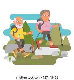 Elderly couple hiking, active leisure in nature, flat vector character illustration