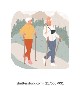 Elderly Couple Hiking Isolated Cartoon Vector Illustration. Active Elderly Couple Walking In Nature, Grandparents With Hiking Sticks, Family Tourism, Mountain Trekking Adventure Vector Cartoon.