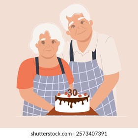 Elderly couple holding a cake holding a wedding anniversary cake
