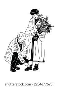 elderly couple holding flowers tie shoelaces the lifestyle of the people in the park hand drawn illustration