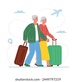 An elderly couple holding hands at the airport. A family with luggage waiting for departure.