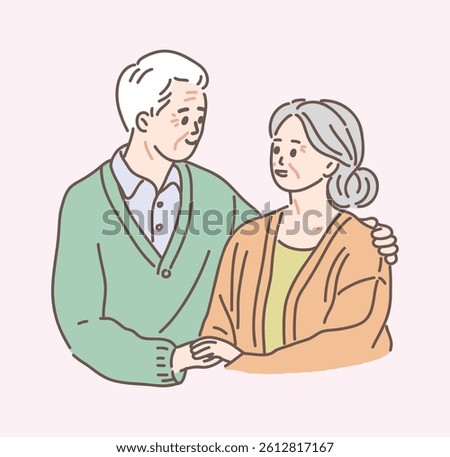 An elderly couple is holding hands and celebrating Parents' Day with a loving expression. hand drawn style vector design illustration.