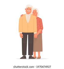 Elderly couple holding hands. Grandmother and grandfather are standing together on a white background. Grandparents. A man and a woman of old age. Vector illustration in flat style