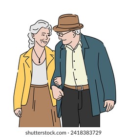 Elderly couple holding hands. Romantic relationship concept. Hand drawn vector illustration