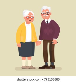 Elderly couple holding hands. Vector illustration in cartoon style