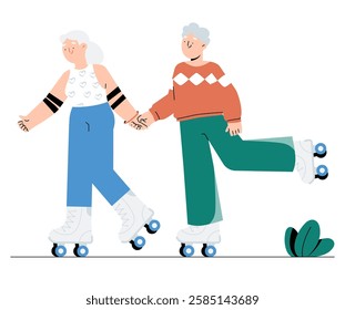 Elderly Couple Holding Hands While Roller Skating In Flat Vector Illustration Symbolizing Active Lifestyle, Happiness, And Healthy Aging, Isolated On White Background.