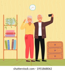 Elderly couple holding mobile phone and taking pictures. Woman smiling and posing for photo