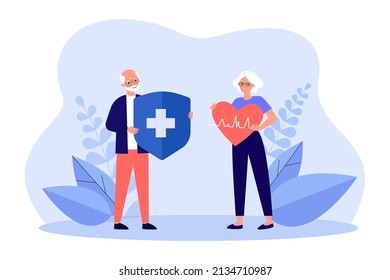 Elderly couple holding protection shield and heart. Healthcare and insurance for tiny old man and woman flat vector illustration. Medicine concept for banner, website design or landing web page