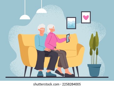 Elderly couple at home. Grandmother and grandfather sitting on couch and watching interesting content on planet. Comfort and coziness, romance, tenderness and love. Cartoon flat vector illustration