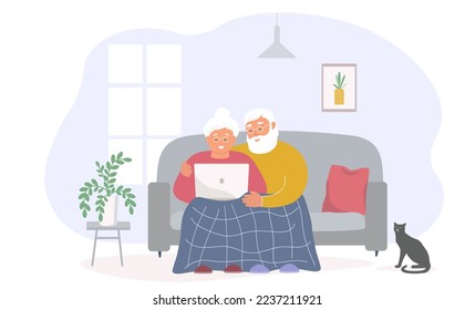 Una pareja de ancianos en casa en el sofá viendo un portátil. Comunicación de la gente en línea mientras se queda en casa. La vejez activa y feliz juntos. Gráficos vectoriales.