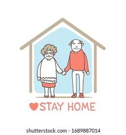 Elderly couple at home. Stay home concept from COVID-19 coronavirus prevention. Vector illustration. Doodle style.