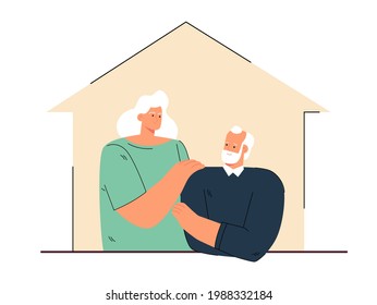 Elderly couple at home vector illustration. White-headed man and woman together, looking at each other with love and care. Family life concept for banner, website design or landing web page