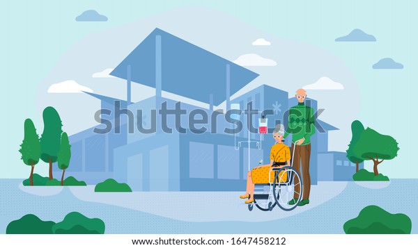病院の老夫婦 車椅子の老女 ベクターイラスト 老人が漫画のキャラクターを描き 医療診療所での年配の女性のリハビリテーション 老人が妻の世話をする のベクター画像素材 ロイヤリティフリー
