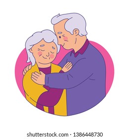 elderly couple hug each other and smile, happy grandfather and grandmother in their retirement age, vector character illustration