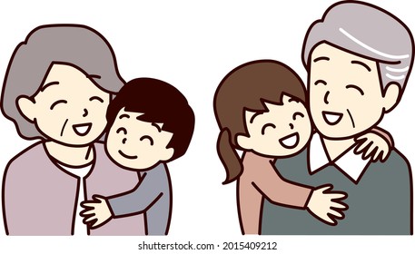 An elderly couple hugged by their grandchildren.