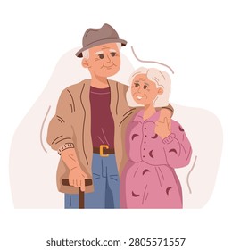 Elderly couple hugging in flat style on white background, expressing love and family bond. Vector illustration