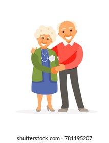 Elderly couple hugging. Grandmother and grandfather stand together. Vector illustration