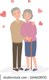 an elderly couple hugging, looking at each other with love, character isolated on white background.