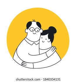 An elderly couple is hugging. Love, romance, relationship. Senior couple in love. Line minimal vector illustration on white.