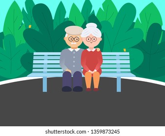Elderly couple hugging on a park bench. Vector illustration in flat style.