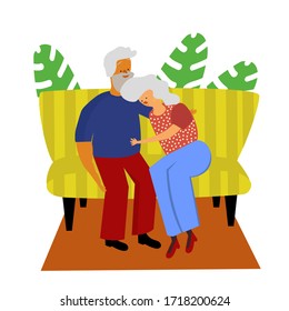 elderly couple hugging on a sofa at home. Grandparents are sitting nearby. Pensioners love each other. Vector illustration in cartoon style