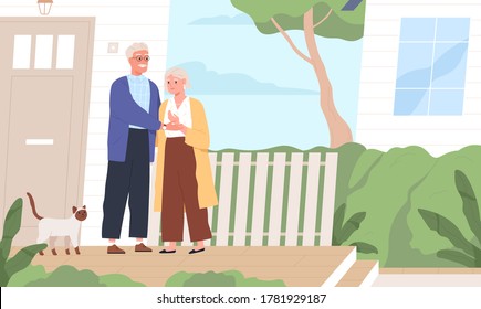 Elderly couple hugging standing together on porch of countryside house vector flat illustration. Aged man and woman with cat near village dwelling. Mature people holding hands outdoor