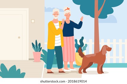 Elderly couple hugging standing together on porch of countryside house. Aged man and woman with dog near village dwelling. Mature people holding hands outdoors. Flat cartoon vector illustration