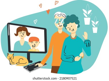 pareja de ancianos abrazándose hablando en video call. Ilustración vectorial de la mujer de edad avanzada y el hombre de edad avanzada. Personas mayores y tecnología