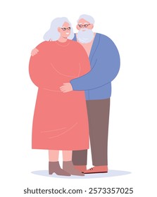 An elderly couple hugs in full length, looking at each other with tenderness. Old people together. Vector flat graphics.