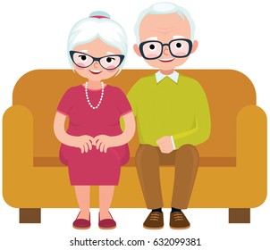Elderly couple husband and wife sitting on couch embracing vector illustration