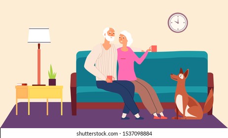 Elderly couple. Hygge family evening vector concept. Old man woman dog in living room