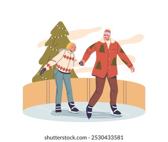 Elderly Couple Ice Skating On A Festive Rink Holding Hands And Smiling, Showcasing Joyful Winter Christmas Celebration