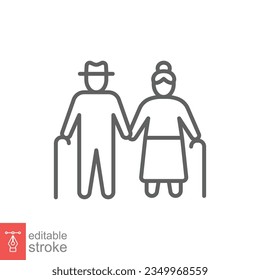 Elderly couple icon. Simple outline style. Grandparents holding hands, old, elder, senior, people concept. Thin line symbol. Vector illustration isolated on white background. Editable stroke EPS 10.