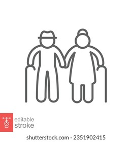 Elderly couple icon. Simple outline style. Grandparents holding hands, old, elder, senior, people concept. Thin line symbol. Vector illustration isolated on white background. Editable stroke EPS 10.