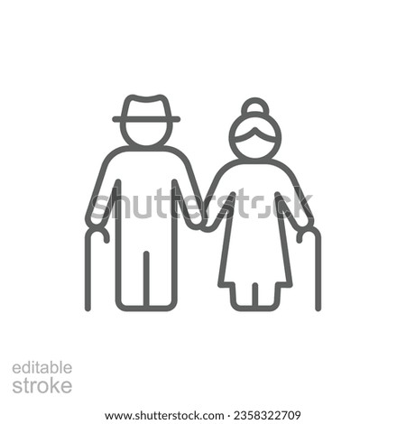 Elderly couple icon. Simple outline style. Grandparents holding hands, old, elder, senior, people concept. Thin line symbol. Vector illustration isolated on white background. Editable stroke EPS 10.