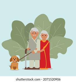 Elderly Couple From India Walking  Dog