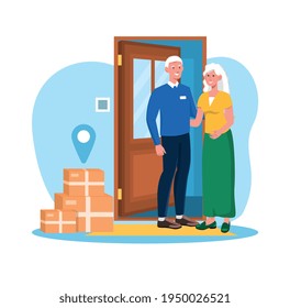 Elderly couple isstanding at the door with delivery parcels. Pensioner couple receives the order at the apartment door. Concept of non-contact delivery service. Flat cartoon vector illustration