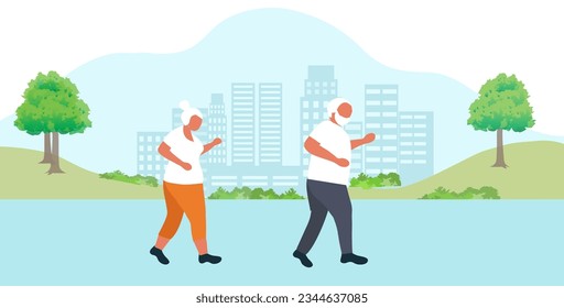 Elderly couple jogging exercise in park vector illustration. Elderly people healthy lifestyle, healthy aging for senior care concept