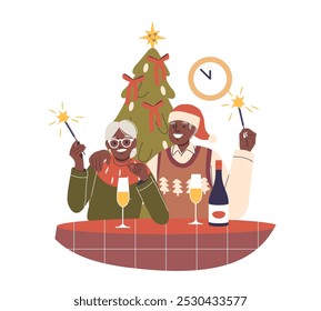 Elderly Couple Joyfully Celebrating Christmas Together With Sparklers And Drinks Around A Festive Decor, Vector Scene