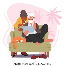 Elderly Couple Joyfully Connect With Family Through A Tablet, Sharing Smiles And Stories, Bridging Distances With Video Calls And Cherishing Moments Of Togetherness. Cartoon People Vector Illustration