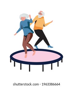 Elderly couple jumping on trampoline isolated on white background