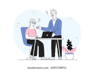 Elderly couple with laptop. Grandparents learn to use gadgets and devices. Grandfather and grandmother with social networks and messengers. Linear vector illustration isolated on white background