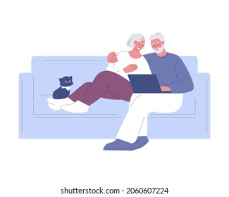 Elderly couple with laptop on the couch. Vector illustration in a flat style.