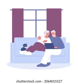 Elderly couple with laptop on couch. Vector illustration in flat style.