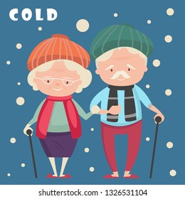 Elderly couple lifestyle happy grandparents  Wearing winter fashion dresses Health care concept. Vector cartoon character illustration.