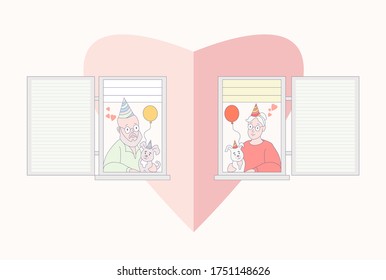 An elderly couple is looking for a home. Facade of a house with open windows. An old man and an old woman with cute dogs. Stay at home, holiday, love. To stay home. Concept vector illustration.