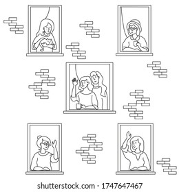 An elderly couple is looking for a home. Windows with people neighbors. Women are old and young. With a cat, with a cup, a female family. Self-isolation during a pandemic, quarantine. Outline drawing
