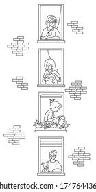 elderly couple looking for a house. windows with people neighbors. The women of the neighbor are old and young. One with a cat, with a cup, with a dog and watering flowers. Self-isolation, quarantine